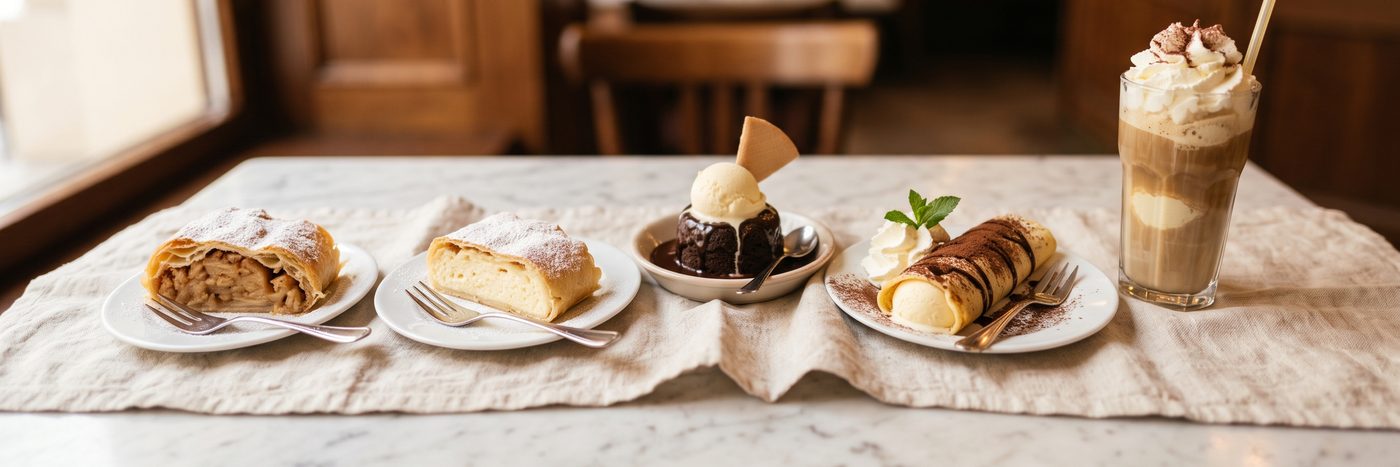 Apfelstrudel, Topfenstrudel, Mohr im Hemd, Eis-Palatschinken und Eiskaffee auf weißem Marmor