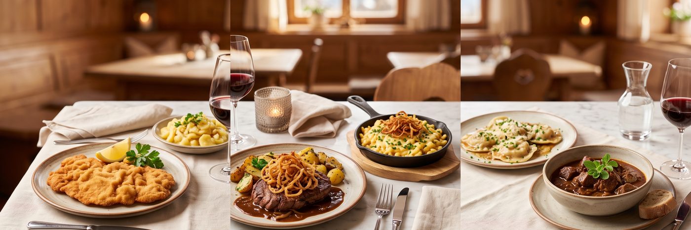 Wiener Schnitzel, Zwiebelrostbraten, Käsespätzle, Schlutzkrapfen und Saftgulasch auf weißem Marmor