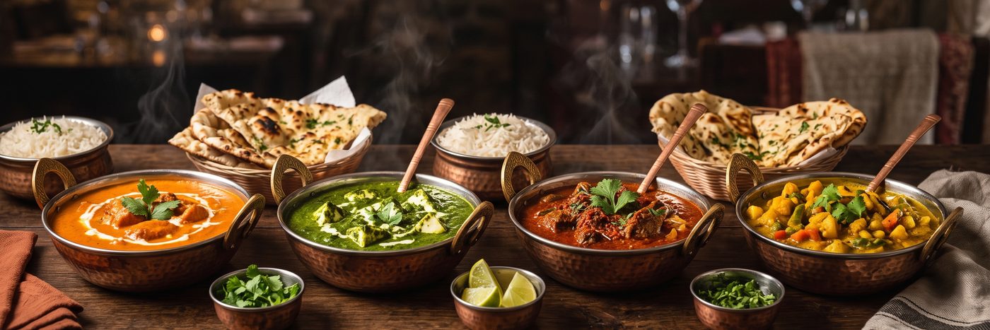 Kupferschalen mit Butter Chicken, Palak Paneer, Lammcurry und Gemüsecurry, dazu Basmatireis und Naan