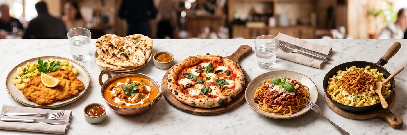 Wiener Schnitzel, Butter Chicken, Pizza, Spaghetti und Käsespätzle nebeneinander auf weißem Marmor