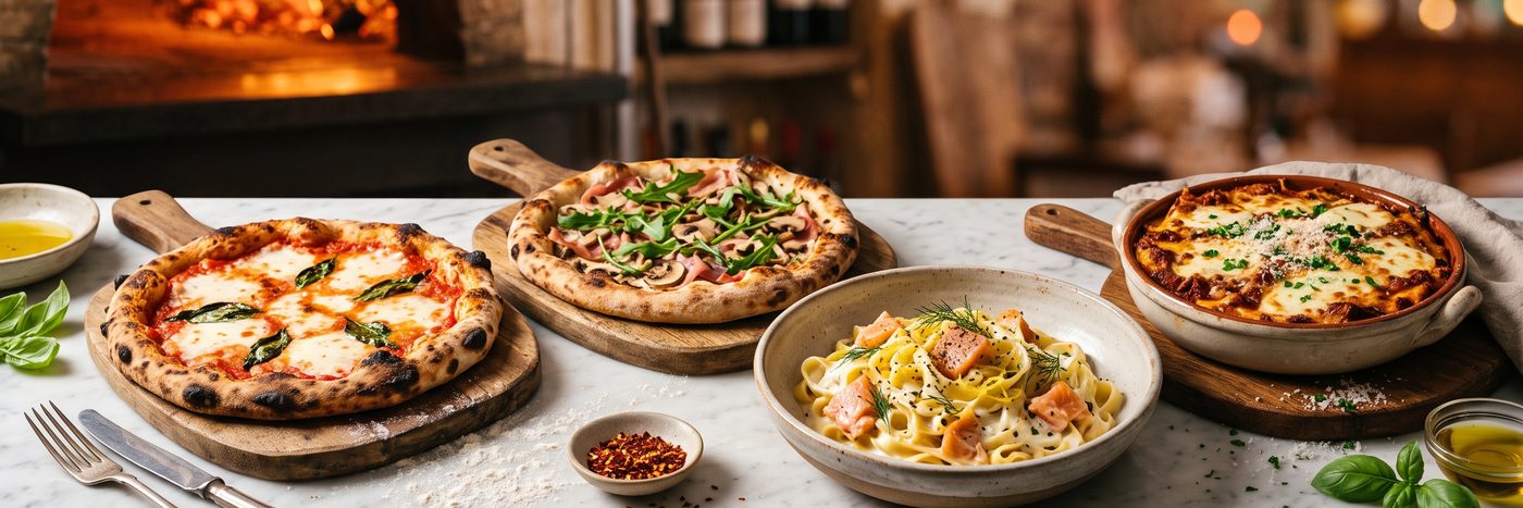 Pizzen, Tagliatelle mit Lachs und Lasagne auf weißem Marmor