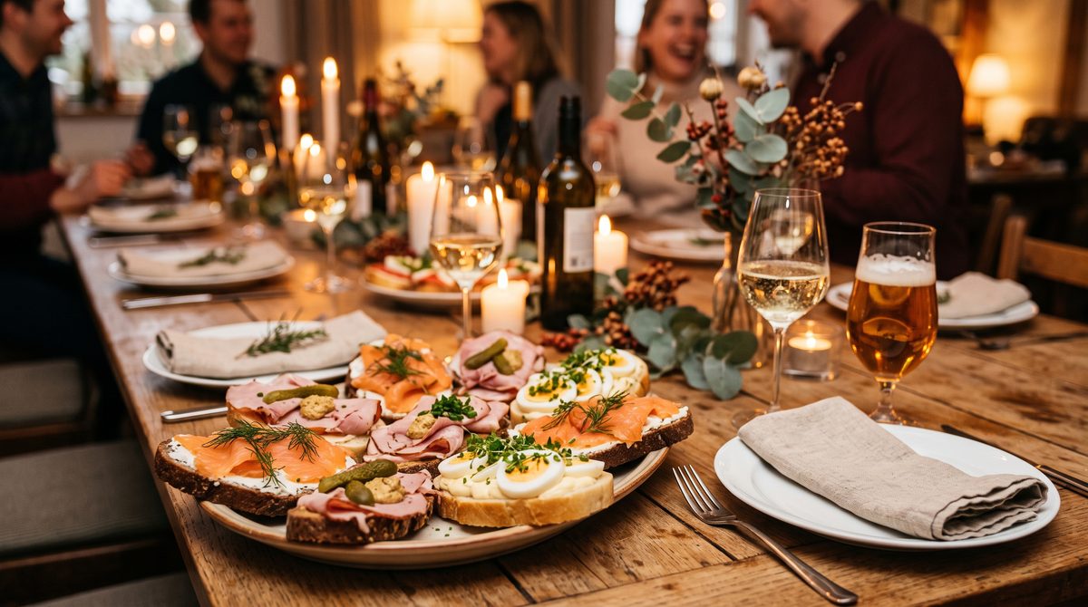 Gedeckter Tisch mit Platte belegter Brötchen für eine Feier