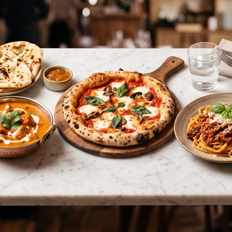 Gedeckter Tisch mit Schnitzel, Curry, Pizza und Pasta