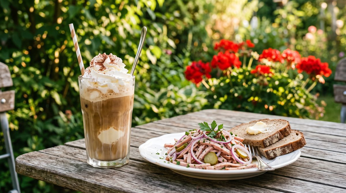 Eiskaffee und Wurstsalat auf dem Gartentisch im Sommer