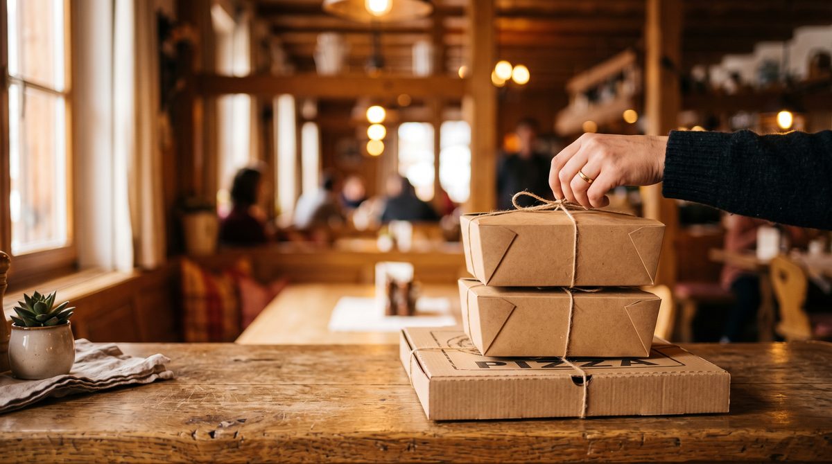 Abholboxen und Pizzakarton auf der Theke