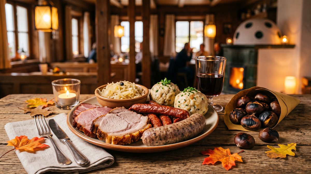 Törggelen-Platte mit Schweinebraten, Kasseler, Würstel, Sauerkraut und Kastanien
