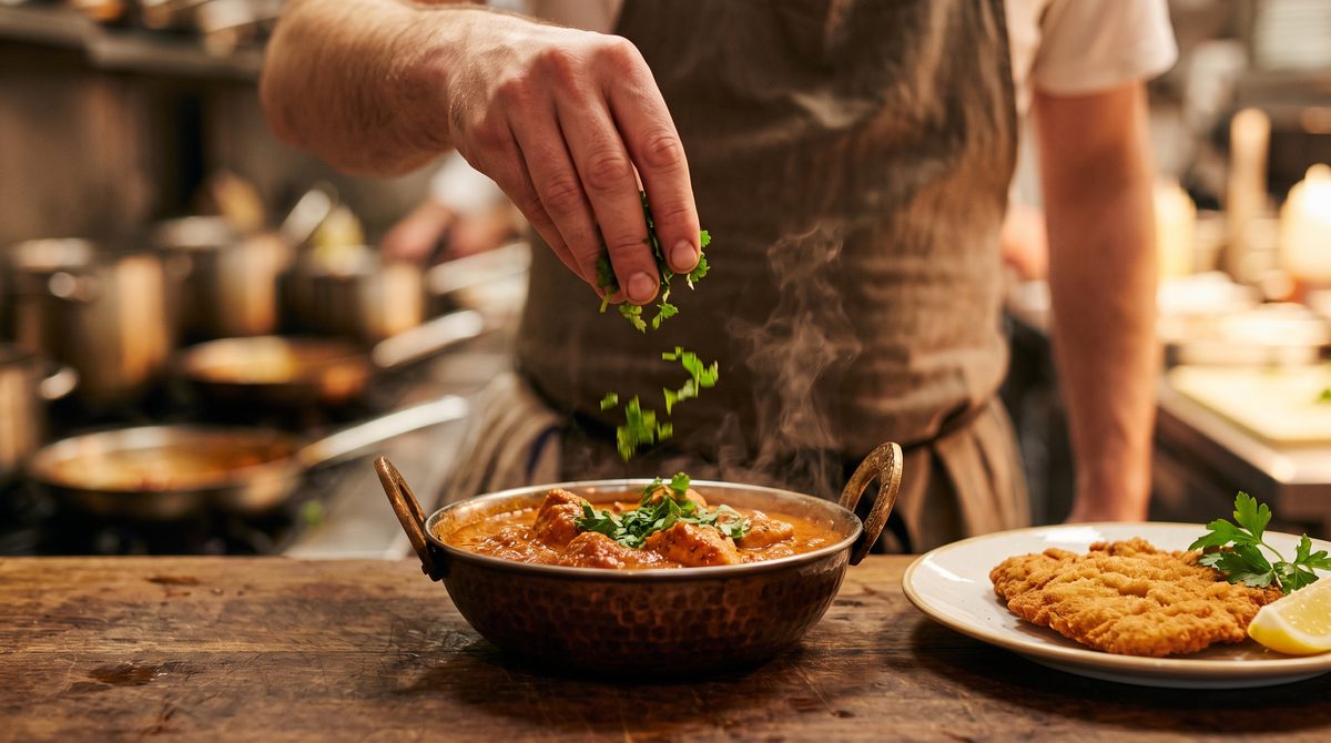 Hände der Köchin streuen Koriander über Butter Chicken, daneben ein Wiener Schnitzel